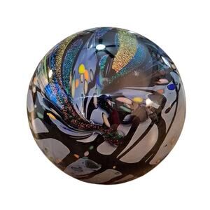 Rollin Karg Studio Art Glass Dichroic Spatter Paperweight Gold Blue 3.5” Signed